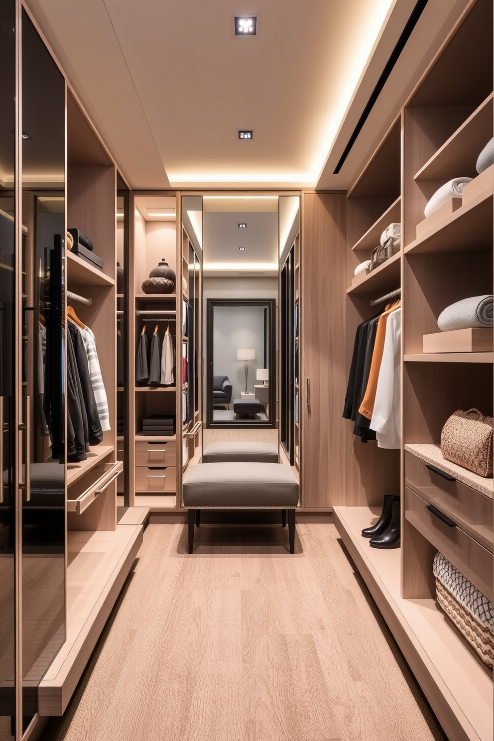 A modern walk-in closet featuring sleek smart closet systems designed for maximum efficiency. The space includes custom shelving, pull-out drawers, and integrated lighting, all in a neutral color palette to enhance the sense of openness. The closet is equipped with a full-length mirror and a stylish seating area for convenience. Elegant accessories and organized storage solutions create a sophisticated yet functional environment.