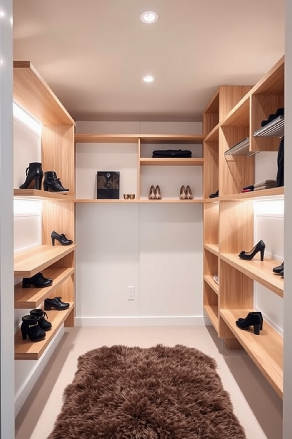 A modern walk-in closet featuring floating shelves that create an open and airy feel. The shelves are made of light wood and are arranged asymmetrically to display shoes and accessories stylishly. The closet is illuminated by recessed lighting, highlighting the sleek lines of the design. A plush area rug adds warmth to the space, complementing the minimalist aesthetic with a touch of comfort.