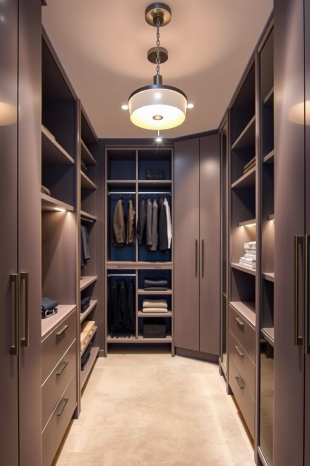 A contemporary walk-in closet features sleek cabinetry with a mix of open shelving and closed storage. Stylish lighting fixtures hang from the ceiling, casting a warm glow over the organized space.