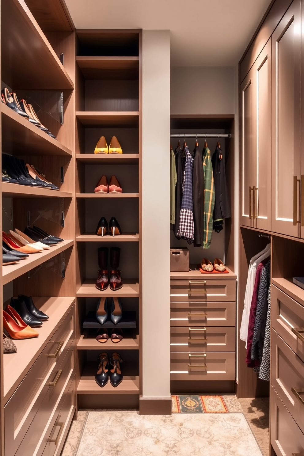 A contemporary walk-in closet features a blend of open and closed storage solutions. One side showcases sleek open shelving for displaying shoes and accessories, while the opposite side includes elegant closed cabinets for clothing and personal items.