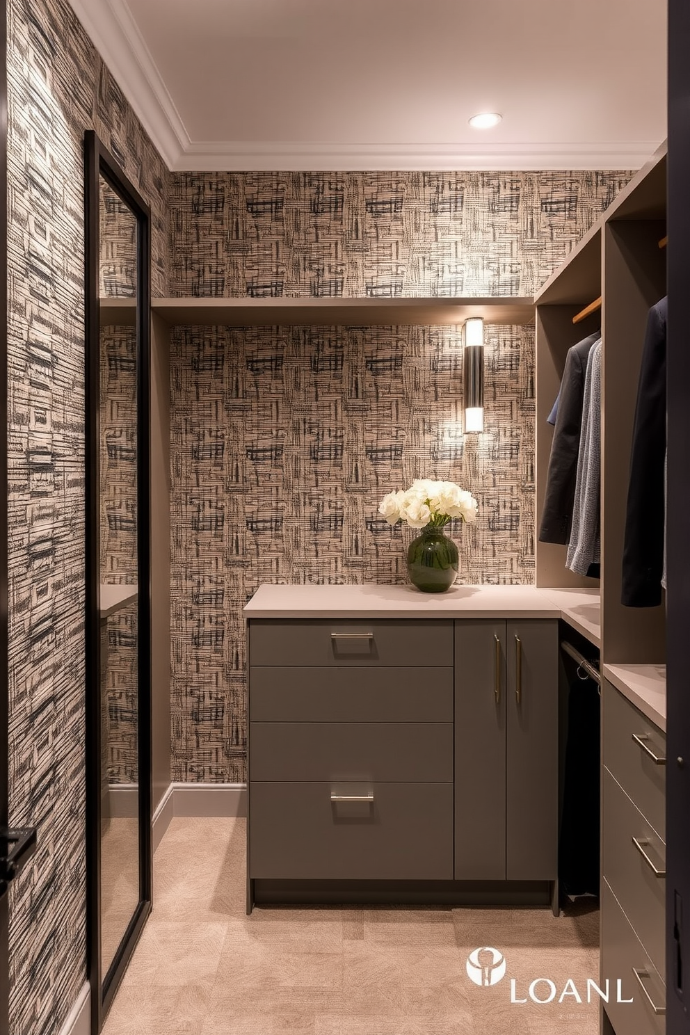 A contemporary walk-in closet featuring textured wallpaper that adds depth and sophistication to the space. The closet is designed with sleek cabinetry in a neutral tone, complemented by elegant lighting fixtures that enhance the modern aesthetic.