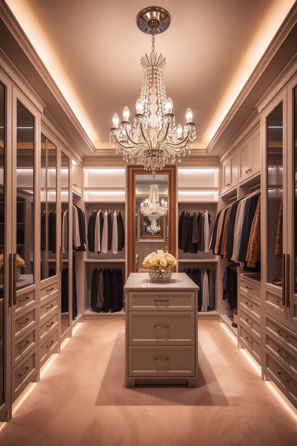 An elegant walk-in closet featuring a stunning chandelier that adds a touch of glam. The space is designed with sleek cabinetry, soft lighting, and plush carpeting to create a luxurious atmosphere. The closet includes a central island with drawers for accessories and ample hanging space for clothing. A full-length mirror is positioned to enhance the feeling of openness and sophistication.