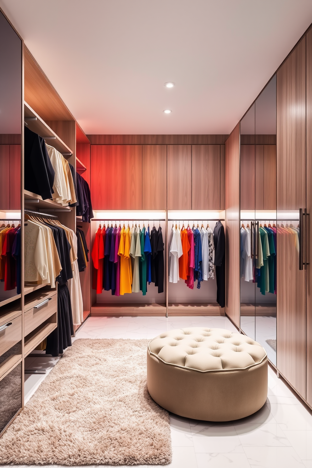 A contemporary walk-in closet featuring a color-coordinated clothing display. The walls are lined with sleek cabinetry in a light wood finish, while the flooring is a polished white marble. Hanging racks showcase garments organized by color, creating a visually pleasing gradient effect. A plush area rug in a neutral tone adds warmth to the space, and a stylish ottoman provides a comfortable seating area.