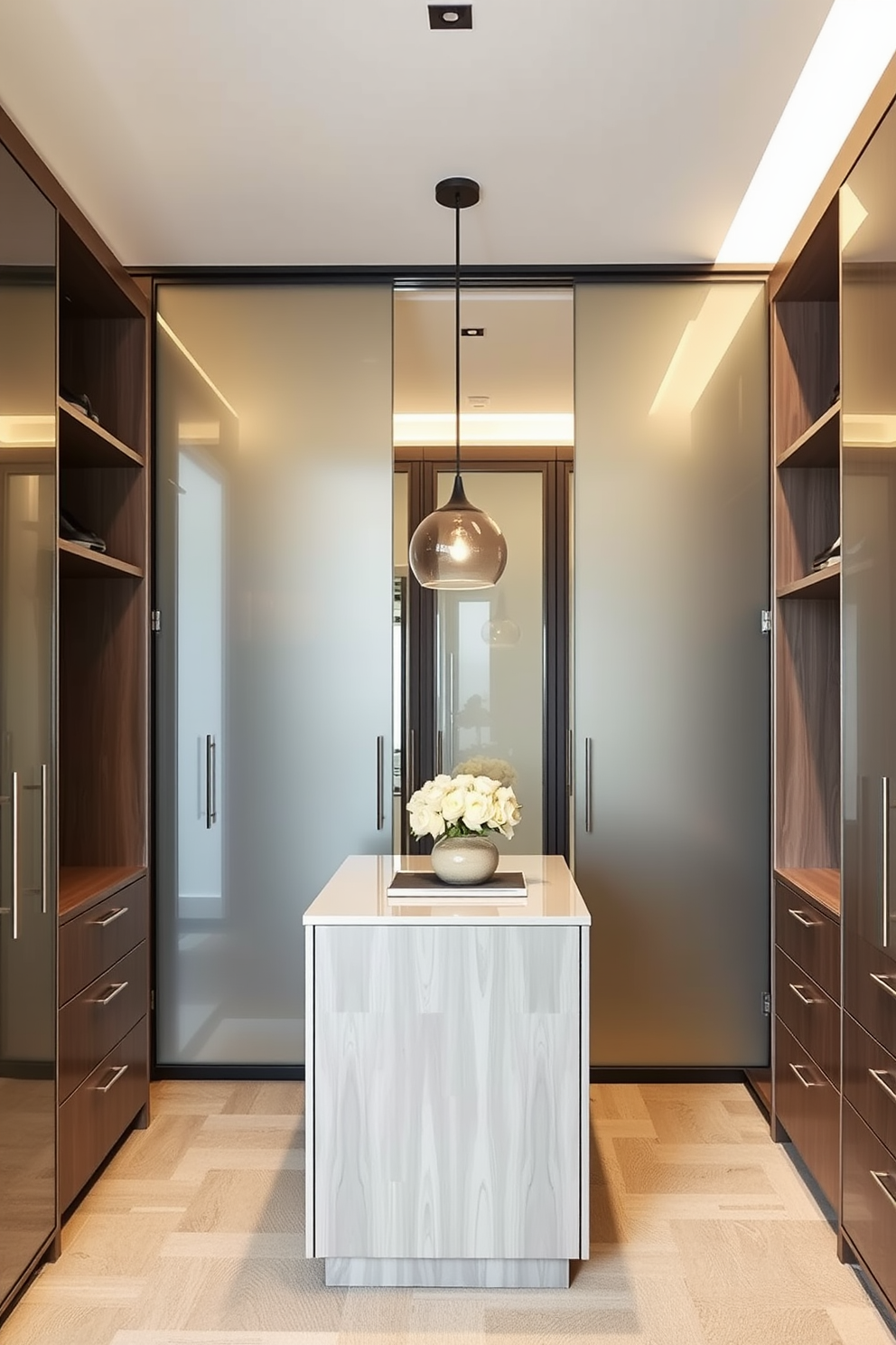 A contemporary walk-in closet features frosted glass panels that provide privacy while allowing soft light to filter through. The space is designed with sleek cabinetry, open shelving, and a stylish island in the center for added functionality.