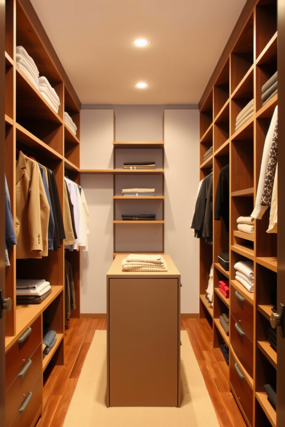 A contemporary walk-in closet features open shelving that allows for easy access to clothing and accessories. The design includes hanging racks for garments, a central island for folded items, and well-placed lighting to enhance visibility and create an inviting atmosphere.