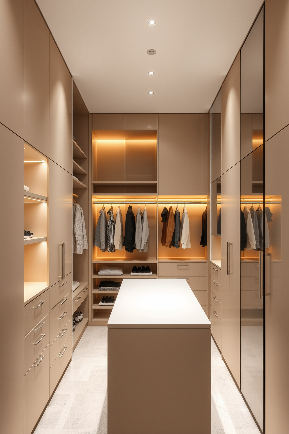 A minimalist walk-in closet featuring sleek cabinetry in soft beige tones. The space is illuminated by warm LED lighting, highlighting the organized shelves and hanging areas. A central island with a smooth white countertop provides additional storage and display space. Large mirrors on the walls enhance the feeling of openness and reflect the neutral color palette.