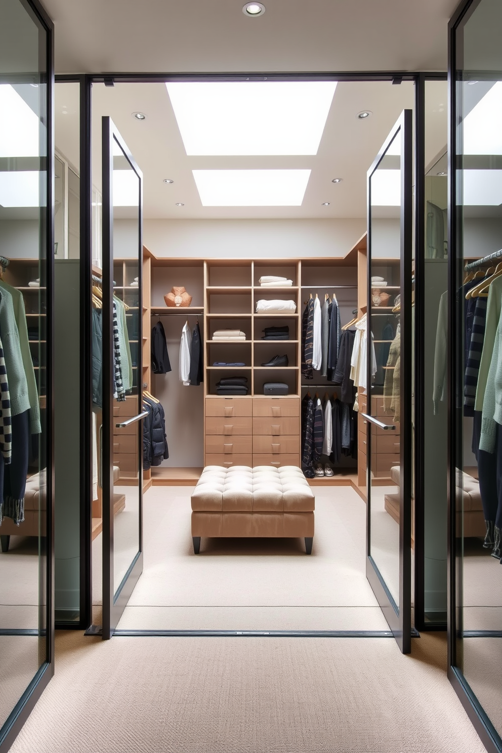 A contemporary walk-in closet features expansive glass doors that invite natural light and create a spacious atmosphere. Inside, sleek shelving and hanging rods are organized efficiently, with a plush ottoman placed centrally for comfort and style.