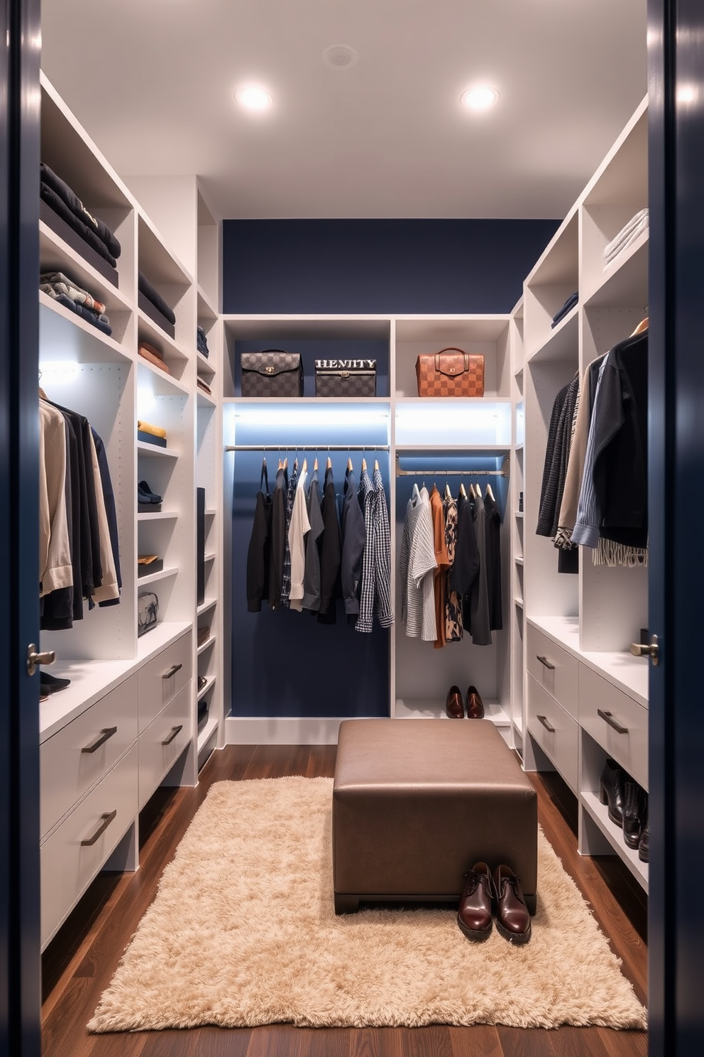 A bold accent wall painted in deep navy blue creates a striking focal point in the walk-in closet. The space features sleek built-in shelving and hanging rods, providing ample storage for clothing and accessories. Soft LED lighting highlights the organized layout, while a plush area rug adds warmth underfoot. A stylish ottoman in the center offers a comfortable spot for putting on shoes or reviewing outfits.