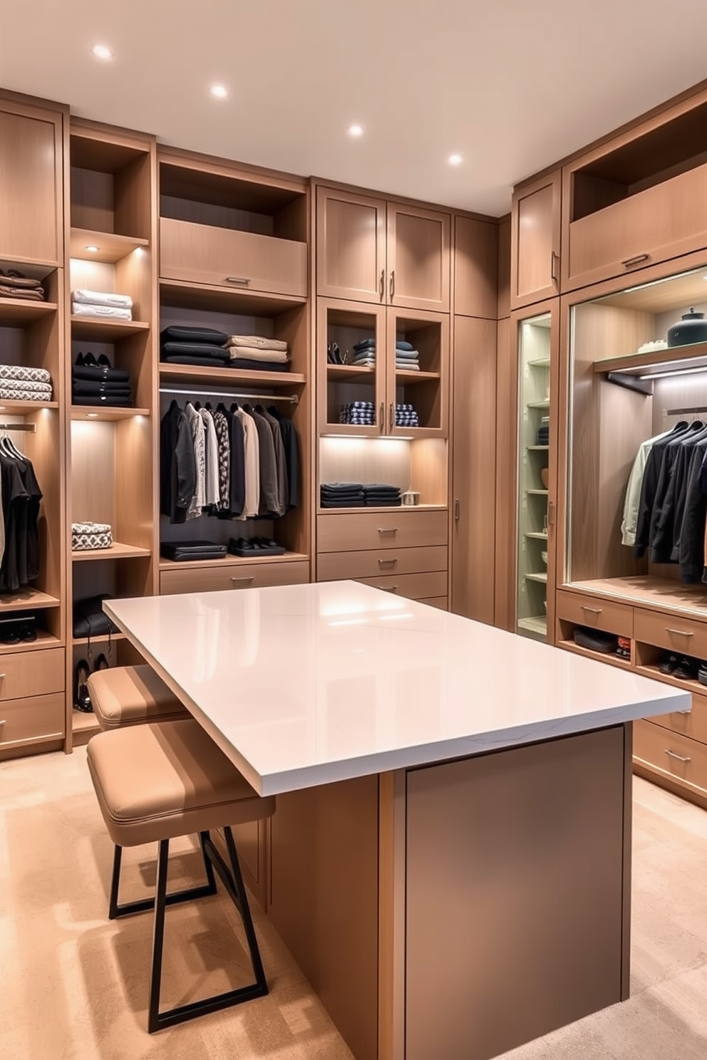 A spacious island with seating and ample storage creates a functional yet stylish focal point in the walk-in closet. The island features a sleek countertop with comfortable bar stools, providing a perfect spot for dressing or organizing accessories. The contemporary walk-in closet is designed with open shelving and elegant cabinetry for optimal organization. Soft lighting highlights the carefully curated space, enhancing the luxurious feel of the closet.