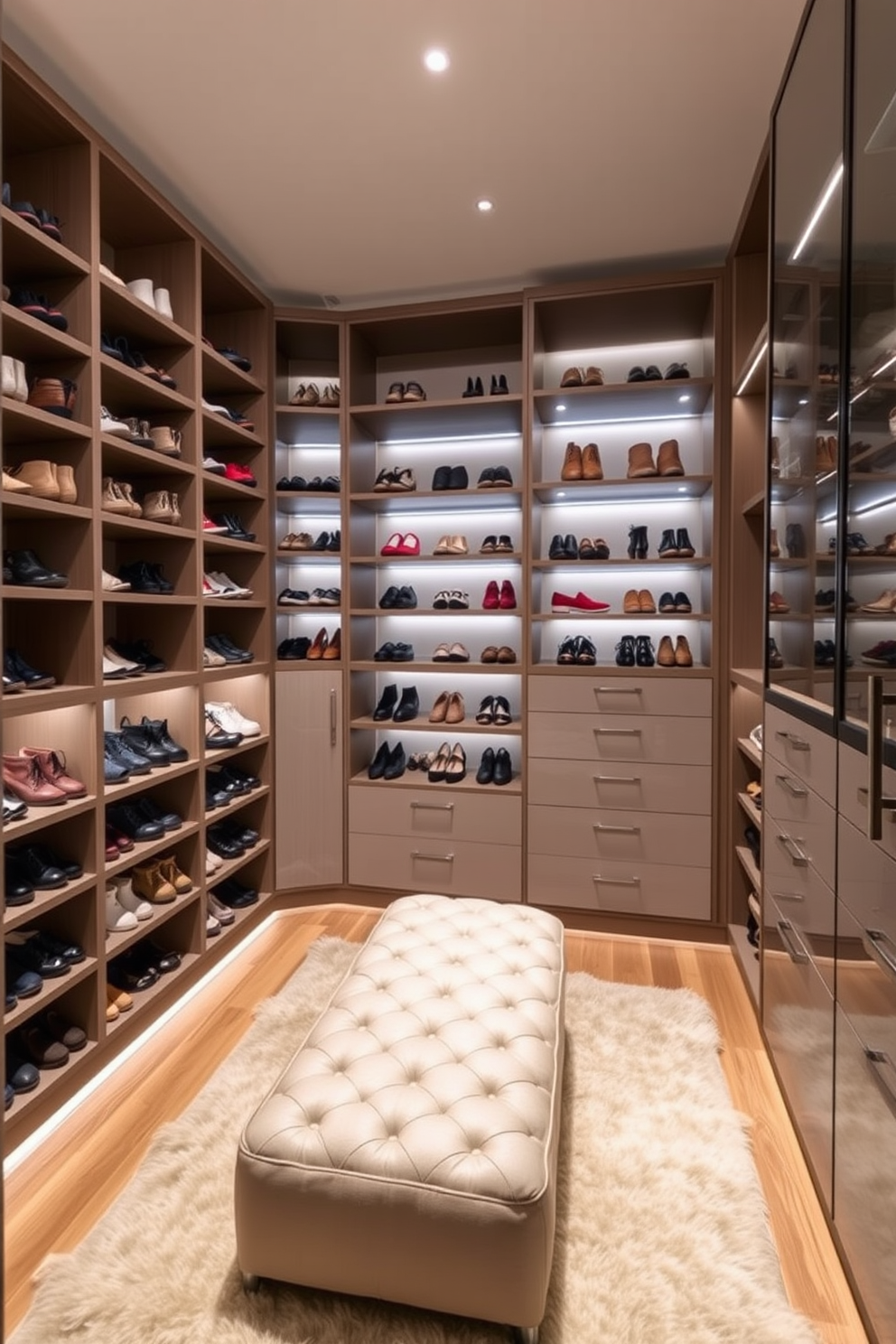 A modern walk-in closet featuring custom shoe racks designed for optimal organization. The space showcases sleek shelving units that display an array of shoes, complemented by ambient lighting to highlight the collection. The walls are lined with a soft neutral color, creating a calming backdrop. A plush area rug adds warmth underfoot, while a stylish ottoman provides a comfortable seating area for putting on shoes.