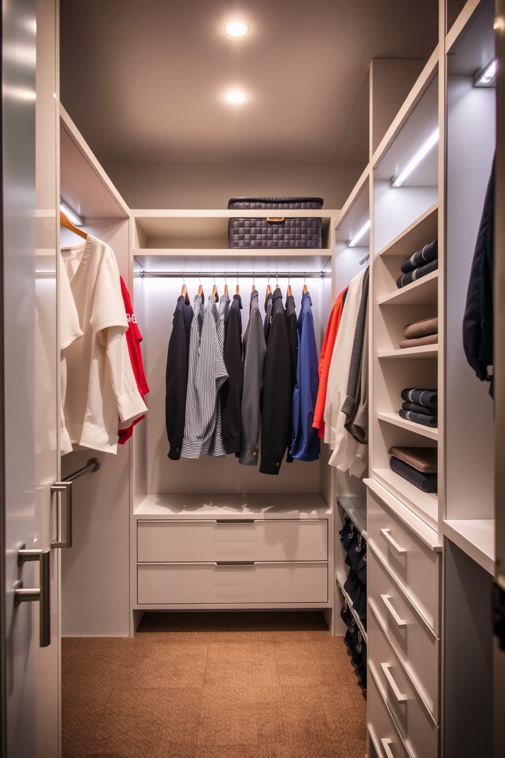 A contemporary walk-in closet features hanging rods at varying heights to accommodate different clothing types. The space is illuminated by soft LED lighting, enhancing the sleek design of the custom shelving and drawers.