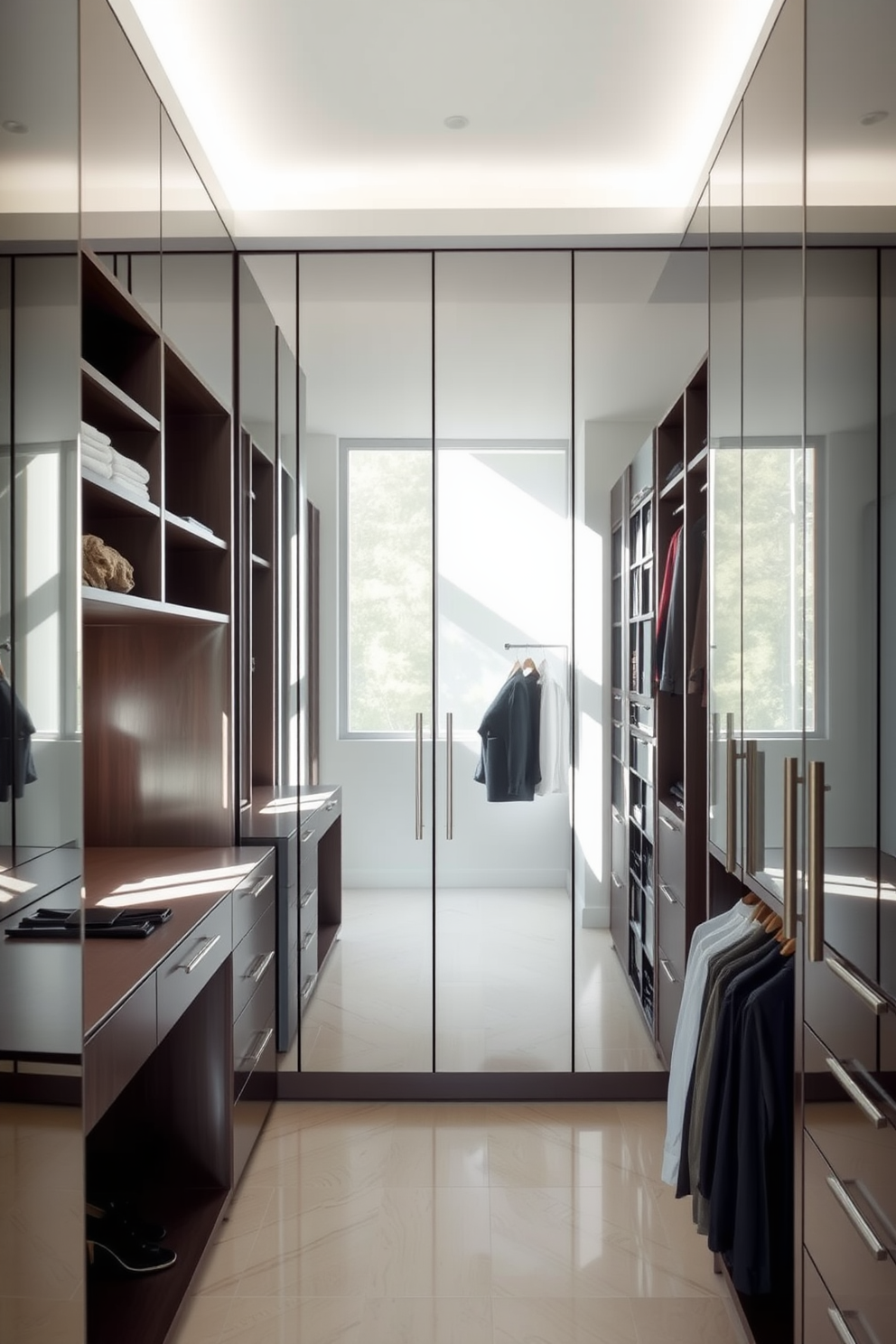 A contemporary walk-in closet featuring mirrored surfaces that reflect natural light and create an airy atmosphere. The space includes sleek cabinetry with a combination of open shelving and closed storage, allowing for organized display and concealment of clothing and accessories.