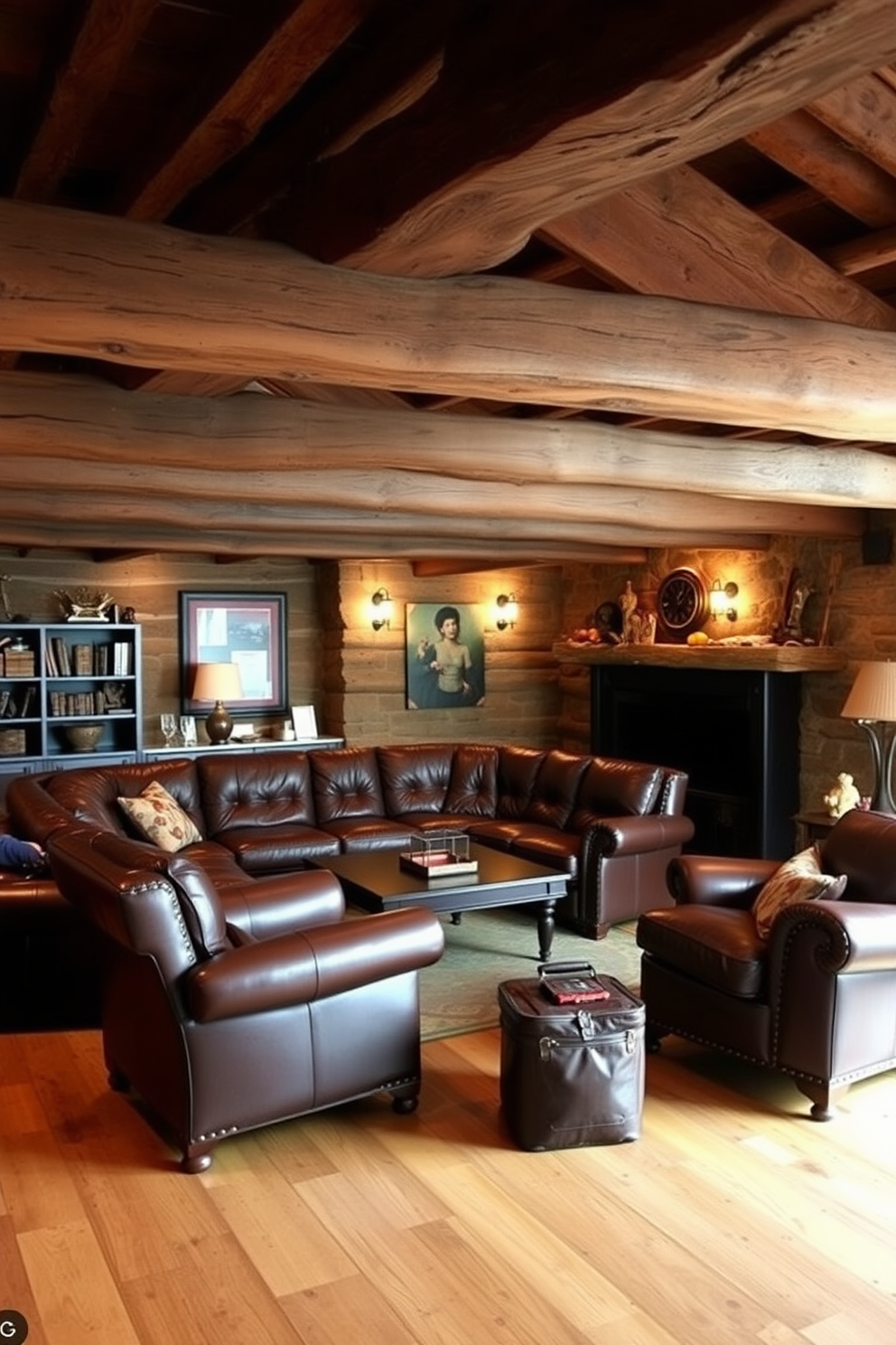 A cozy man cave featuring rustic wood beams across the ceiling creates a warm and inviting atmosphere. The space is furnished with rich leather furniture, including a large sectional sofa and a pair of vintage armchairs, perfect for relaxation and entertainment.