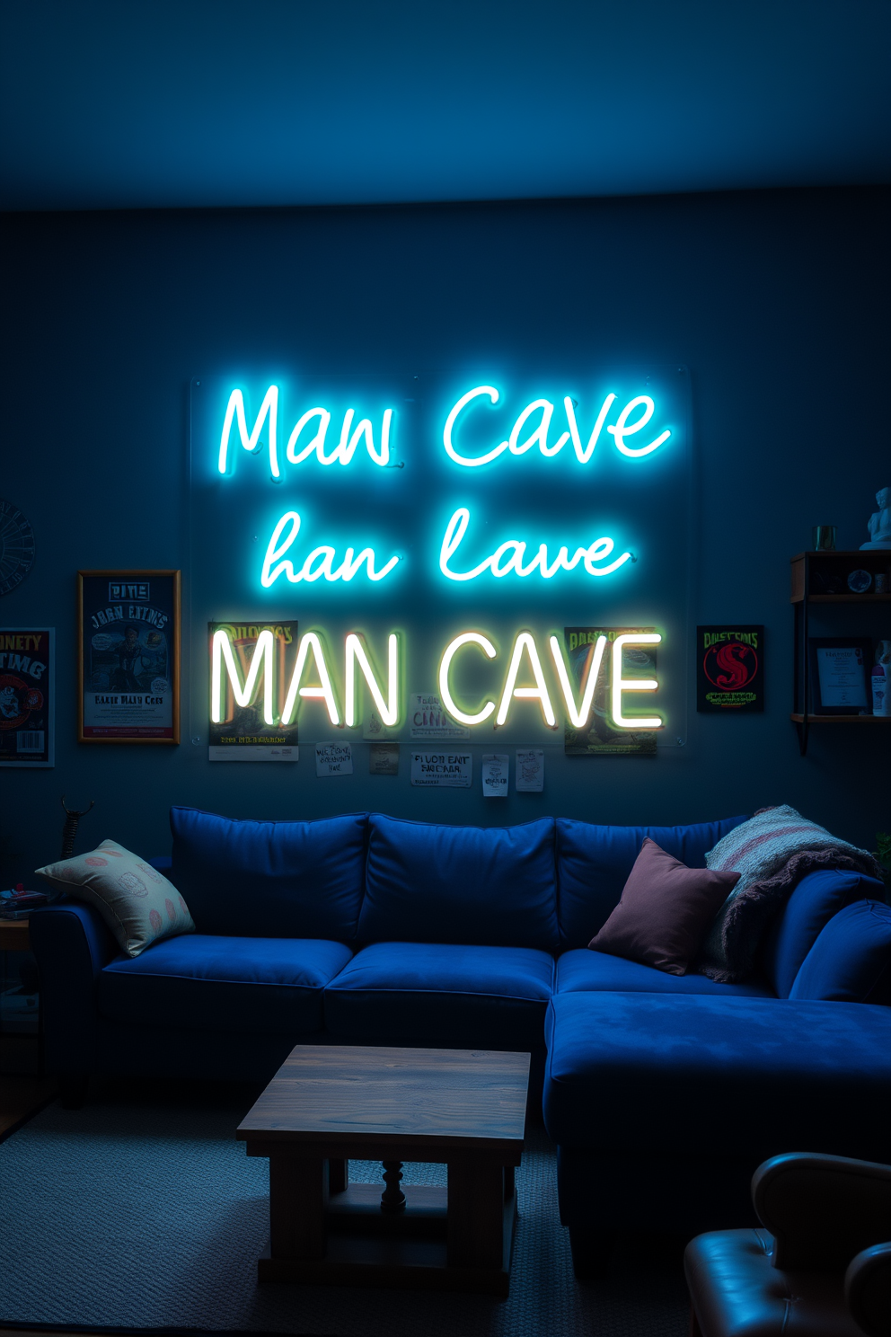 A personalized neon sign that glows softly in the dimly lit room creates a vibrant atmosphere. It features a custom message that reflects the owner's personality and interests. The man cave design includes a plush sectional sofa in deep blue, paired with a rustic wooden coffee table. Walls are adorned with vintage posters and shelves displaying collectibles to enhance the personal touch.