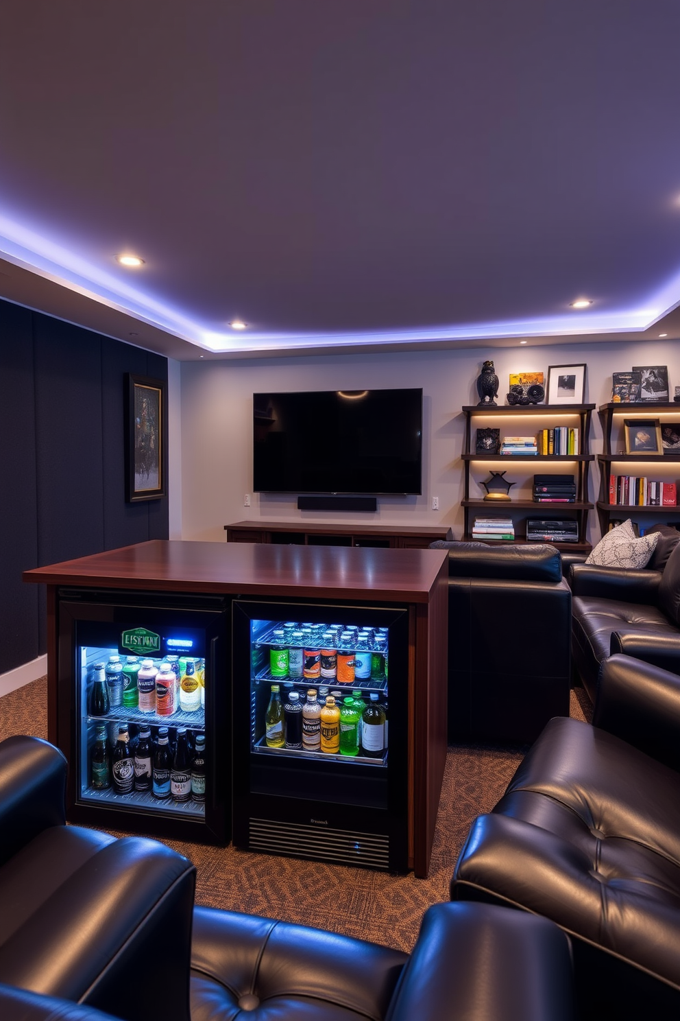 A stylish mini fridge is filled with an assortment of favorite drinks, including craft beers, sodas, and sparkling water. The fridge is seamlessly integrated into a sleek wooden bar area, surrounded by comfortable seating and ambient lighting. The man cave features a contemporary design with dark leather couches, a large flat-screen TV mounted on the wall, and soundproofing panels for an immersive experience. Decor elements include sports memorabilia, art pieces, and a custom-built shelf displaying a collection of books and games.