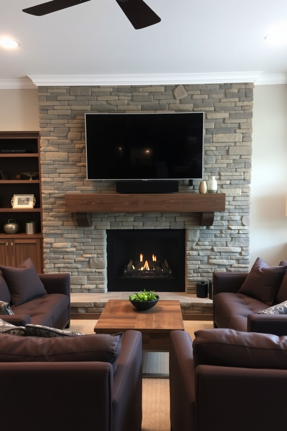 A cozy fireplace serves as the focal point of the room, surrounded by a stone feature wall that adds texture and character. Plush seating options in deep hues create an inviting atmosphere, perfect for relaxing or entertaining guests. The man cave is designed with a blend of modern and rustic elements, featuring sleek furniture paired with reclaimed wood accents. A large flat-screen TV is mounted above the fireplace, complemented by ambient lighting that enhances the overall vibe.