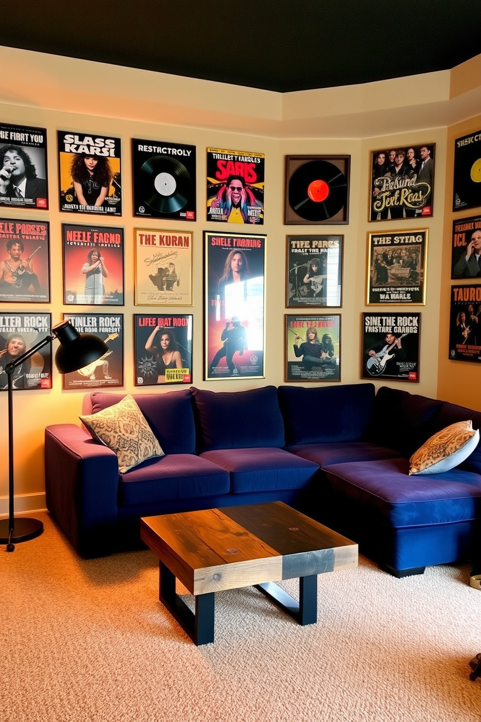 A cozy man cave designed around a classic rock music theme. The walls are adorned with vintage concert posters and framed vinyl records, creating an inviting atmosphere for relaxation and entertainment. A plush sectional sofa in deep blue complements a sleek black coffee table made of reclaimed wood. Ambient lighting from stylish floor lamps casts a warm glow, enhancing the overall vibe of the space.