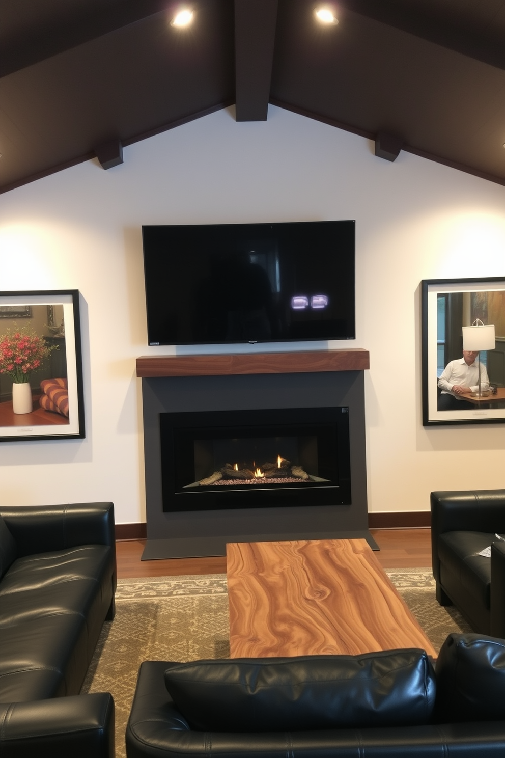 A modern man cave featuring a wall-mounted TV positioned above a sleek, contemporary fireplace. The room is designed with dark leather seating, a rustic wooden coffee table, and ambient lighting that creates a cozy atmosphere.