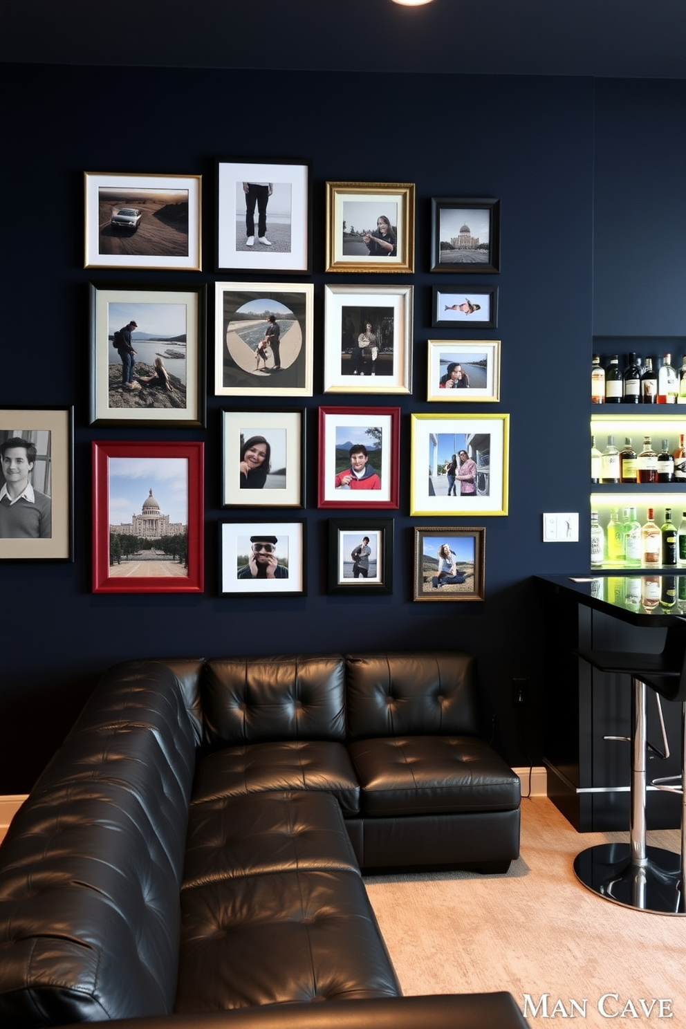 A gallery wall features an eclectic mix of framed photos showcasing travel memories and family moments. The frames vary in size and color, creating a visually striking arrangement against a deep navy blue wall. The man cave design incorporates a plush sectional sofa in dark leather, perfect for lounging. A sleek bar area is equipped with high stools and illuminated shelves displaying a selection of spirits.