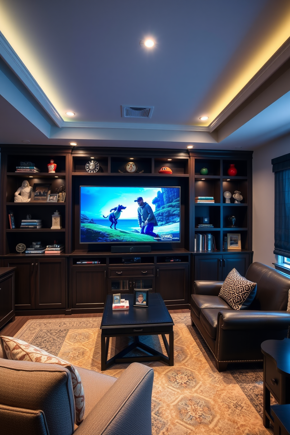 A stylish man cave featuring custom built-in shelving that provides ample storage and display space for collectibles. The room is designed with comfortable seating, a large screen for entertainment, and ambient lighting that creates a cozy atmosphere.