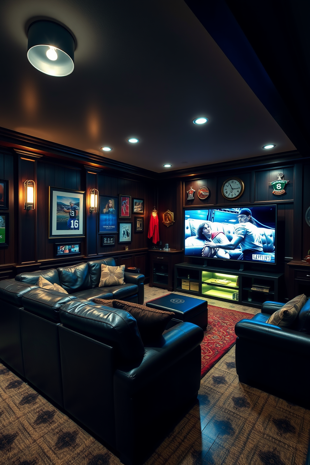 A cozy man cave with mood lighting that creates a relaxed atmosphere. Soft, dimmable fixtures illuminate the space, highlighting the rich textures of leather furniture and dark wood accents. The walls are adorned with framed artwork and sports memorabilia, adding a personal touch. A plush sectional sofa faces a large screen TV, perfect for movie nights or gaming sessions.