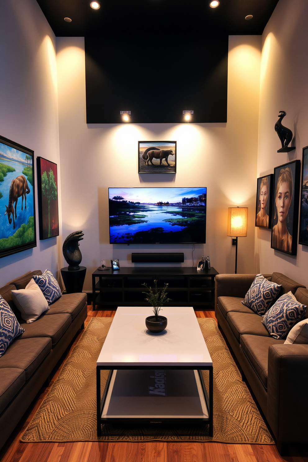 A stylish man cave featuring unique artwork from local artists. The space includes a comfortable sectional sofa, a sleek coffee table, and a large flat-screen TV mounted on the wall. The walls are adorned with vibrant paintings and sculptures that reflect the local culture. Ambient lighting highlights the artwork, creating a cozy and inviting atmosphere perfect for relaxation and entertainment.