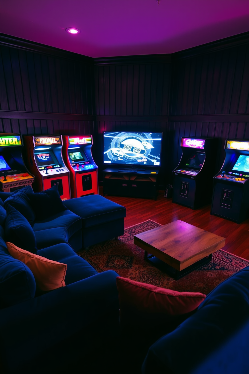 A cozy man cave featuring vintage arcade games set against dark wood paneling. The space includes a plush sectional sofa in deep blue, a large flat-screen TV mounted on the wall, and a retro coffee table made from reclaimed wood. In one corner, a selection of classic arcade machines stands proudly, illuminated by neon lights. The flooring is a rich hardwood, complemented by a vintage rug that adds warmth and character to the room.