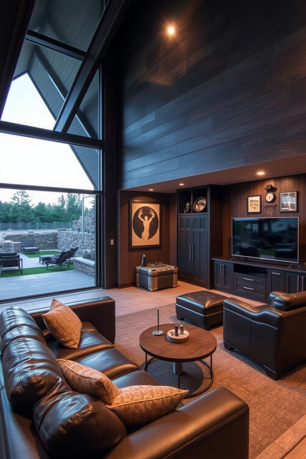 A stylish man cave featuring outdoor access through expansive sliding glass doors that seamlessly connect the indoor space with the natural surroundings. The interior is designed with comfortable leather seating, a sleek bar area, and an entertainment center showcasing a large flat-screen TV. The walls are adorned with dark wood paneling, creating a cozy and inviting atmosphere. Ambient lighting highlights the unique decor, including sports memorabilia and contemporary artwork that reflect personal style.