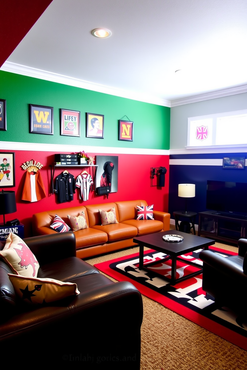 A stylish man cave designed with the colors of your favorite sports team. The walls are painted in bold team colors, complemented by comfortable seating and themed decor that showcases memorabilia.