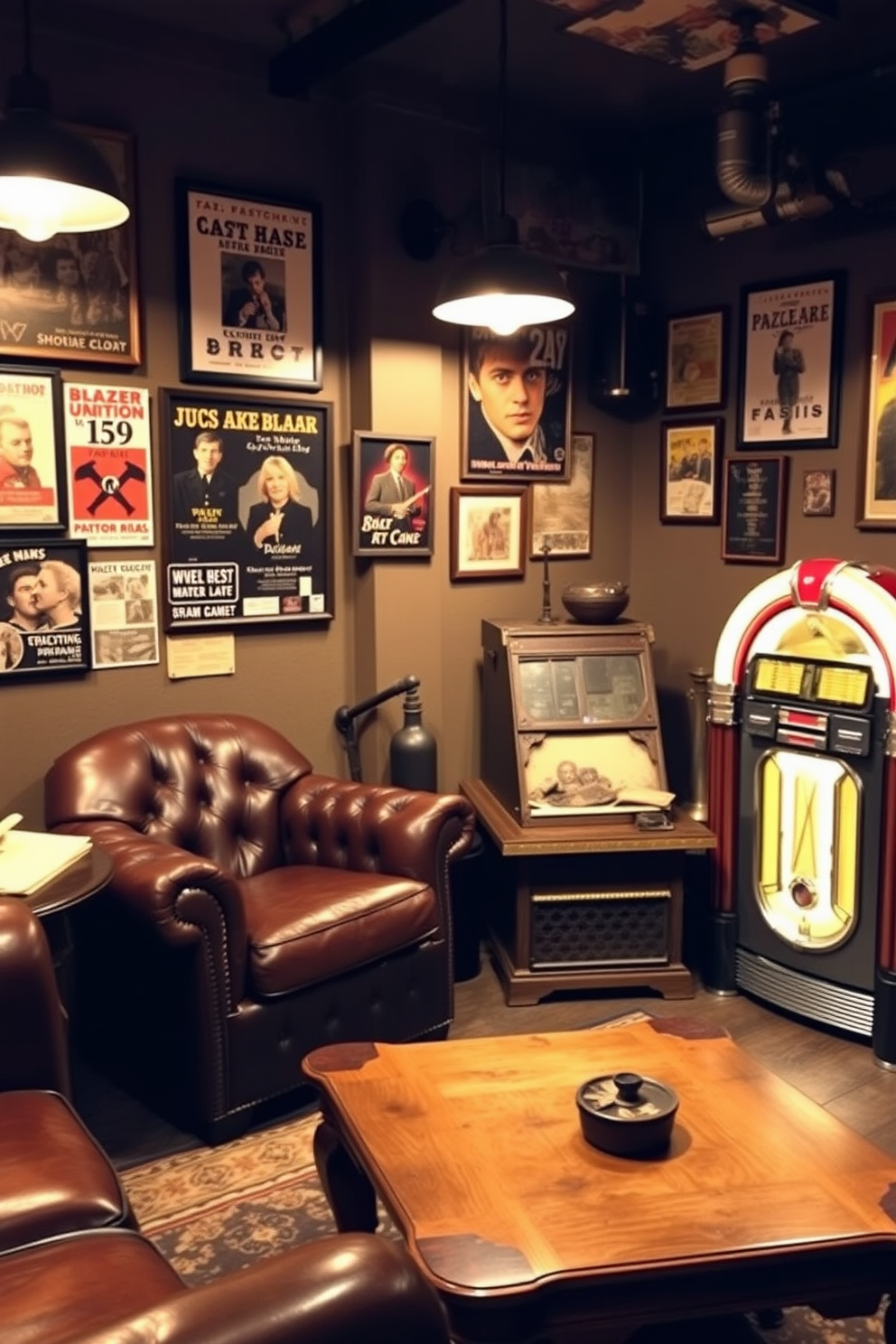 A cozy man cave featuring vintage furniture pieces that add character. The room includes a leather armchair, an antique wooden coffee table, and a retro jukebox in the corner. The walls are adorned with vintage posters and framed memorabilia. Soft lighting from industrial-style lamps creates a warm and inviting atmosphere.