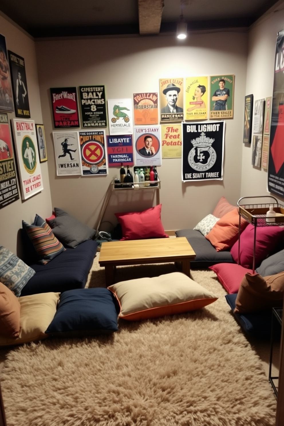 A cozy man cave featuring floor cushions arranged around a low wooden coffee table. The walls are adorned with vintage posters and the lighting is soft, creating a relaxed atmosphere for entertainment and leisure. The floor cushions are in various colors and patterns, providing a casual and inviting seating option. A plush area rug adds warmth to the space, while a small bar cart in the corner holds drinks and snacks for guests.