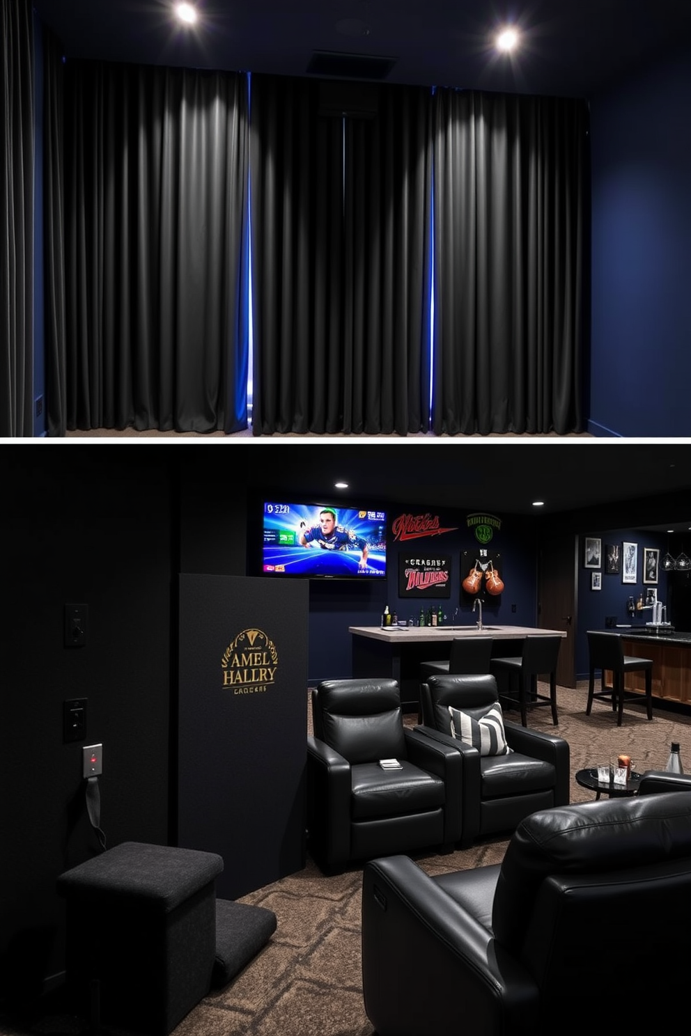 A cozy movie room featuring blackout curtains that enhance the cinematic experience. The walls are painted a deep navy blue, and plush seating is arranged for optimal viewing comfort. A stylish man cave designed with a modern aesthetic. It includes a sleek bar area, comfortable leather seating, and wall-mounted displays for sports memorabilia.