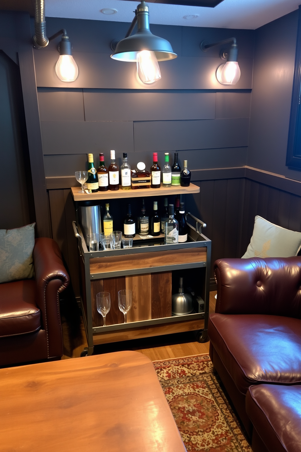 A rustic bar cart made of reclaimed wood with metal accents sits in the corner of a cozy man cave. The cart is stocked with an assortment of fine spirits, glasses, and a small ice bucket, creating an inviting space for entertaining guests. The man cave features plush leather seating arranged around a vintage coffee table. Dim lighting from industrial-style fixtures casts a warm glow, enhancing the relaxed atmosphere perfect for enjoying drinks and good company.