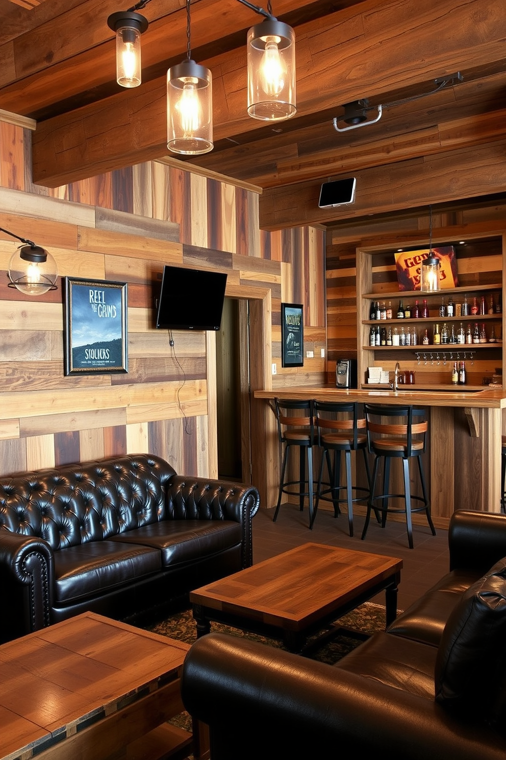 A stylish man cave design featuring reclaimed wood accents throughout the space. The walls are adorned with rustic wooden panels and there is a reclaimed wood bar area with high stools for seating. In one corner, a vintage leather sofa invites relaxation while a coffee table made from salvaged materials adds character. Ambient lighting fixtures made from repurposed materials create a warm and inviting atmosphere.