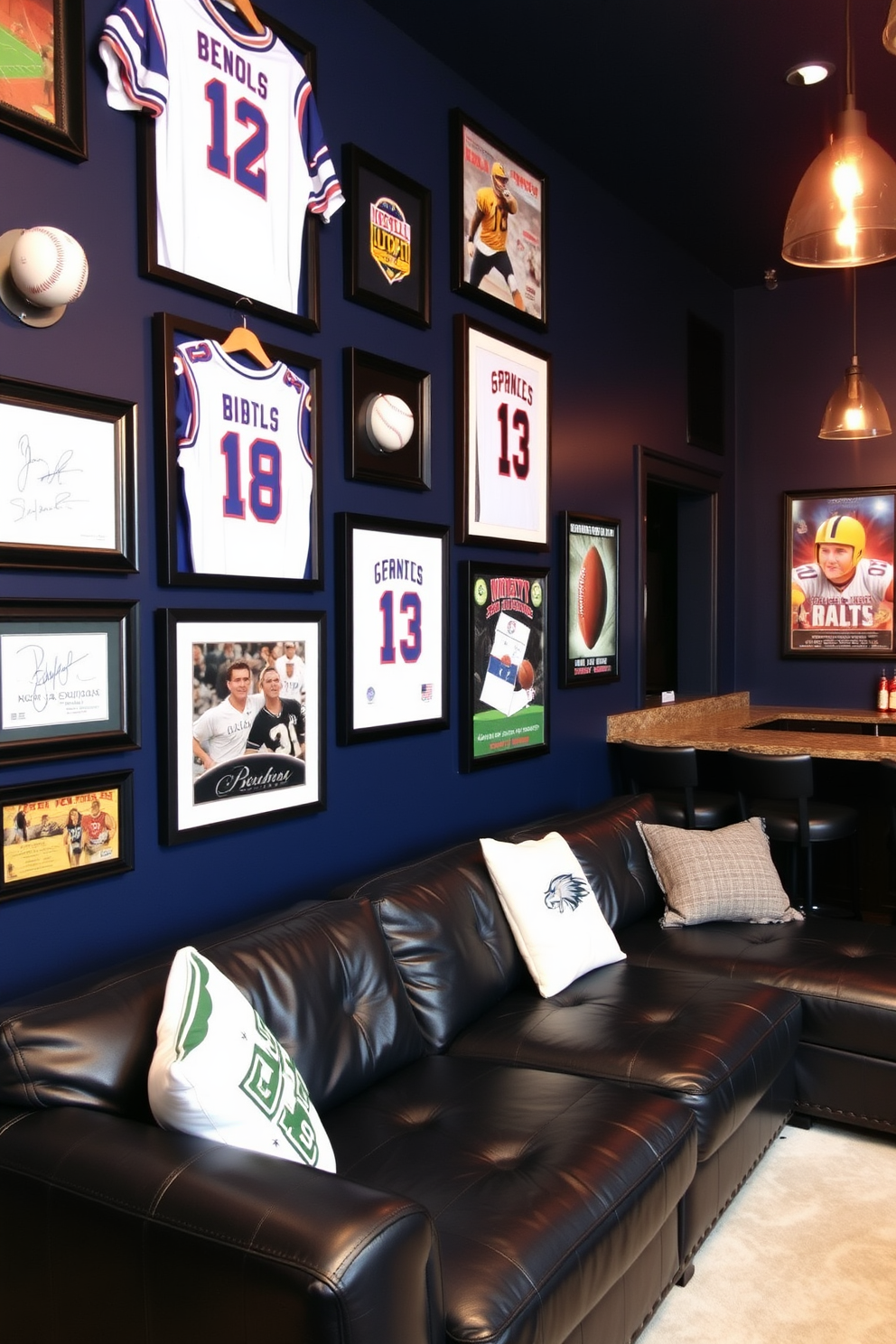 A sports memorabilia wall display featuring framed jerseys, signed baseballs, and vintage sports posters. The wall is painted a deep navy blue, providing a striking backdrop for the collection. A cozy man cave designed with a large sectional sofa in dark leather and a custom-built bar area. The space is illuminated by warm pendant lights, creating an inviting atmosphere for entertaining friends.