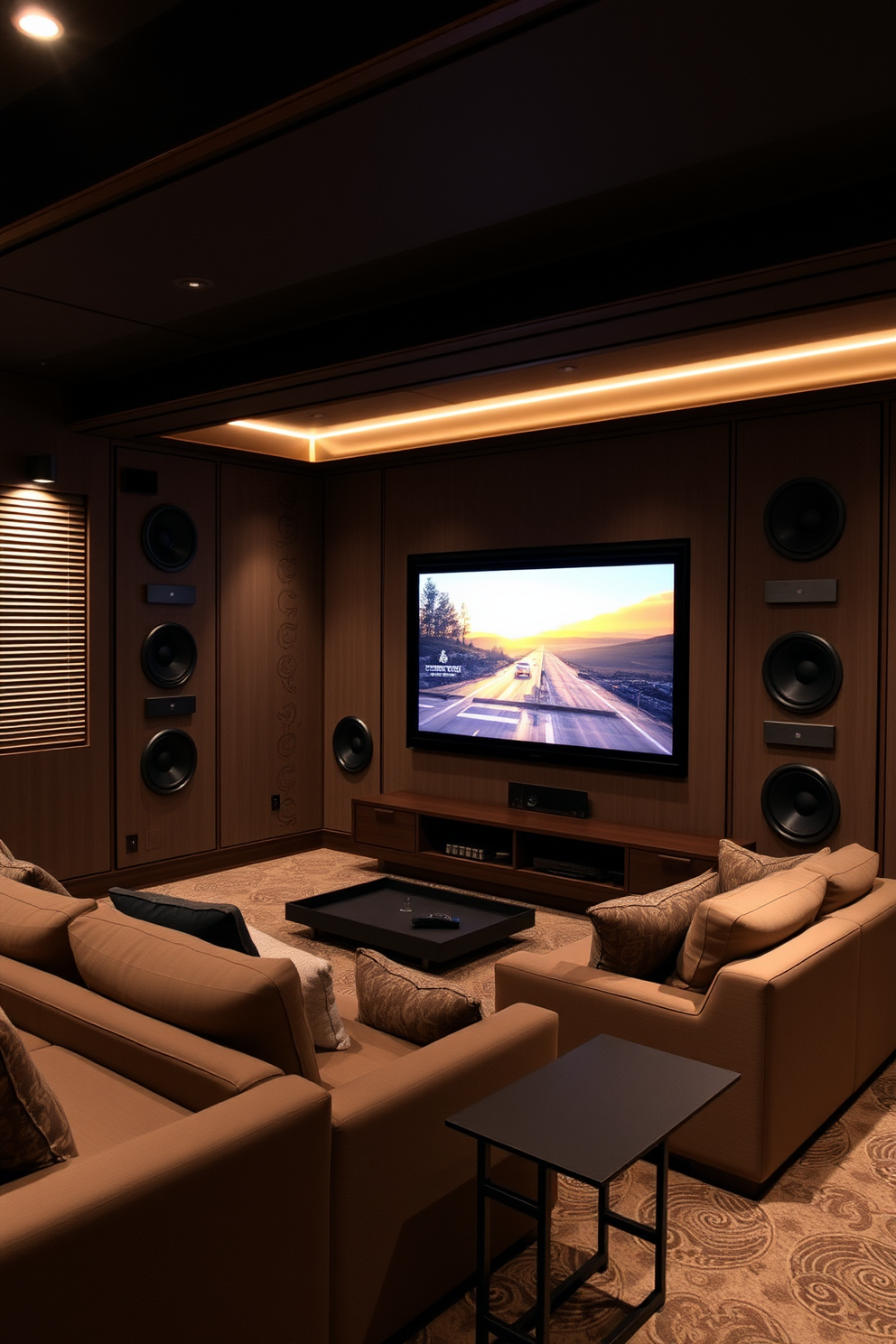 A stylish man cave featuring wall-mounted speakers seamlessly integrated into the design. The space is adorned with plush seating, a large screen for entertainment, and ambient lighting that creates a cozy atmosphere.