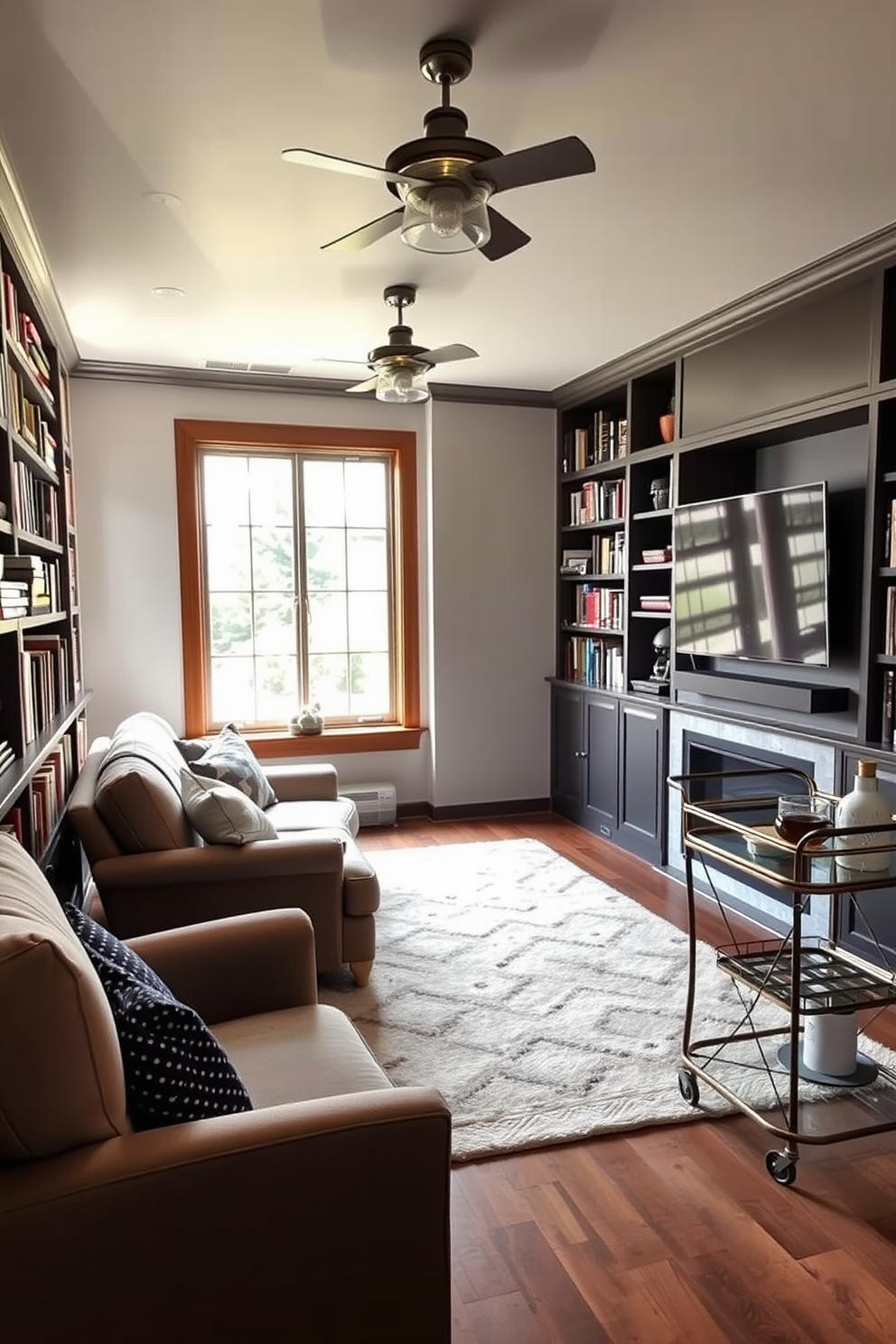 Cozy reading nook with bookshelves. A plush armchair is positioned next to a large window, allowing natural light to fill the space. The walls are lined with built-in bookshelves filled with an array of books and decorative items. A soft area rug lies beneath the chair, creating a warm and inviting atmosphere. Cool man cave design ideas. The room features a large sectional sofa facing a wall-mounted TV, perfect for movie nights. Industrial-style lighting fixtures hang from the ceiling, and a vintage bar cart is set up in the corner for entertaining guests.