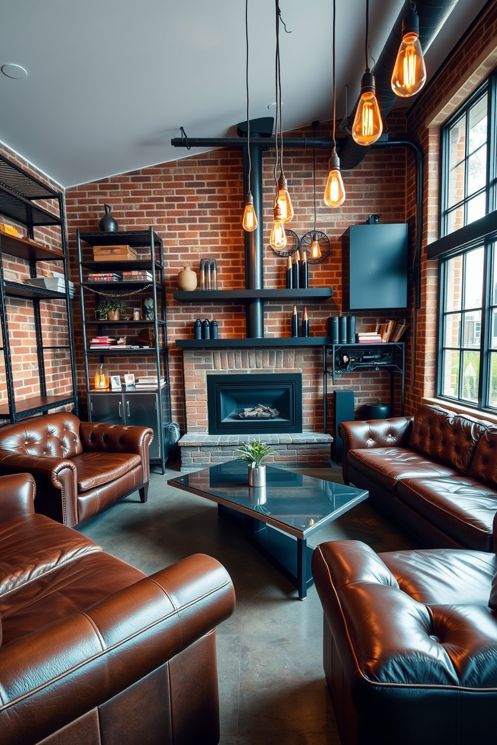 A stylish man cave featuring industrial style metal accents and fixtures. The space includes exposed brick walls and a polished concrete floor, complemented by metal shelving units and a sleek steel coffee table. Comfortable leather sofas are arranged around a modern metal fireplace, creating an inviting atmosphere. Ambient lighting fixtures with Edison bulbs hang from the ceiling, adding warmth to the edgy design.