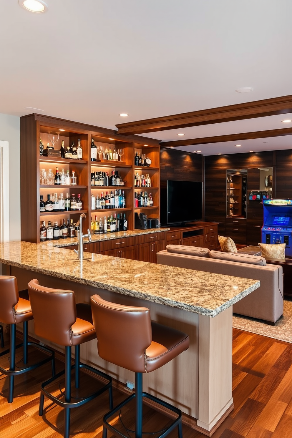 A modern home bar featuring sleek wooden shelves stocked with an array of spirits and glassware. Stylish bar stools with leather upholstery surround a polished granite countertop, creating an inviting space for entertaining. A cozy man cave designed with dark wood paneling and plush seating for ultimate relaxation. The room includes a large screen for movie nights, a vintage arcade game, and ambient lighting for a laid-back atmosphere.