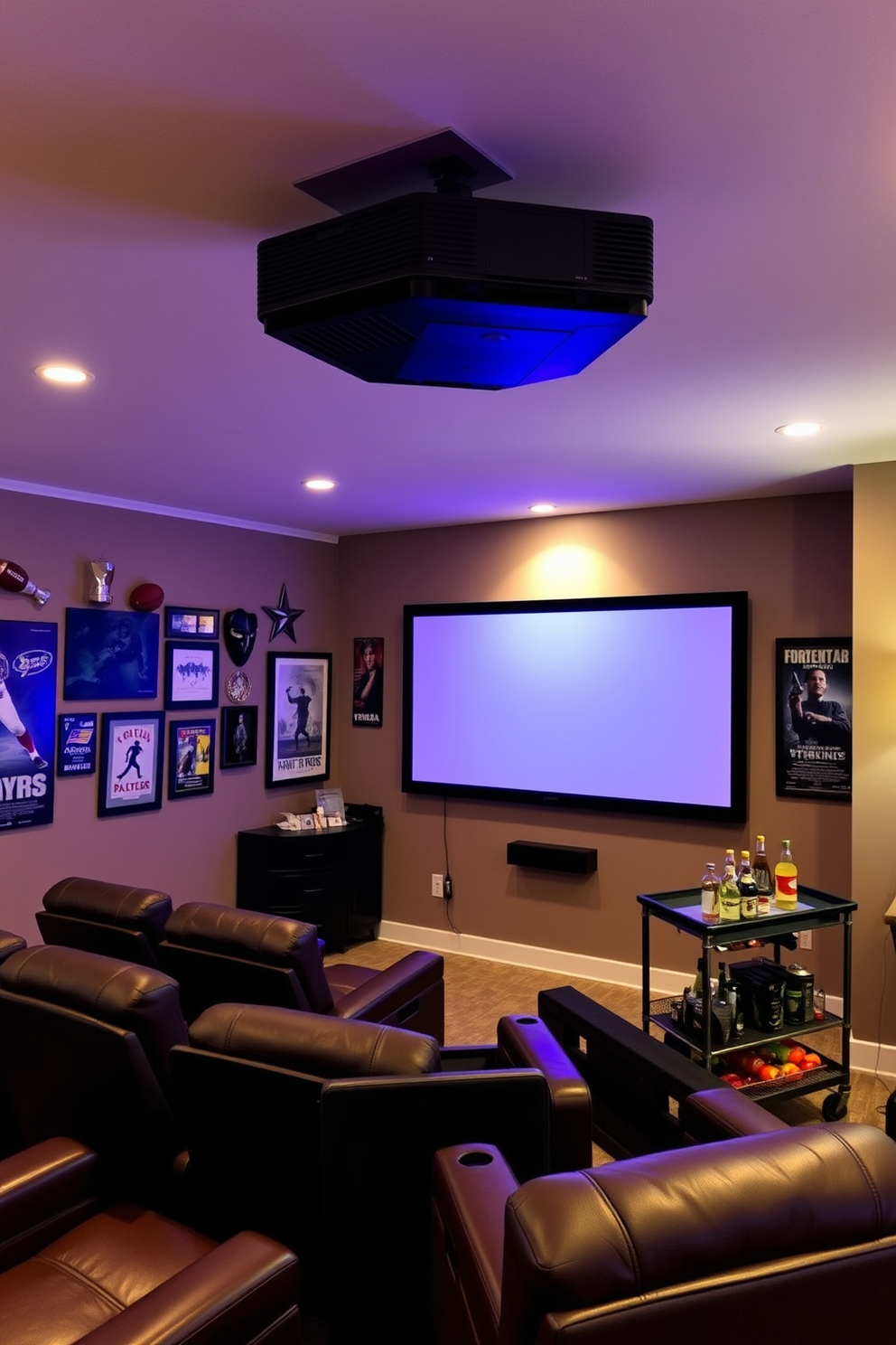 A large screen projector is mounted on the ceiling of a cozy man cave, casting vibrant images onto a blank wall. Surrounding the screen, plush leather recliners provide comfortable seating, while ambient lighting creates a relaxed atmosphere. The walls are adorned with sports memorabilia and framed movie posters, adding personality to the space. A sleek bar cart in the corner is stocked with snacks and beverages, making it perfect for entertaining friends during movie nights.