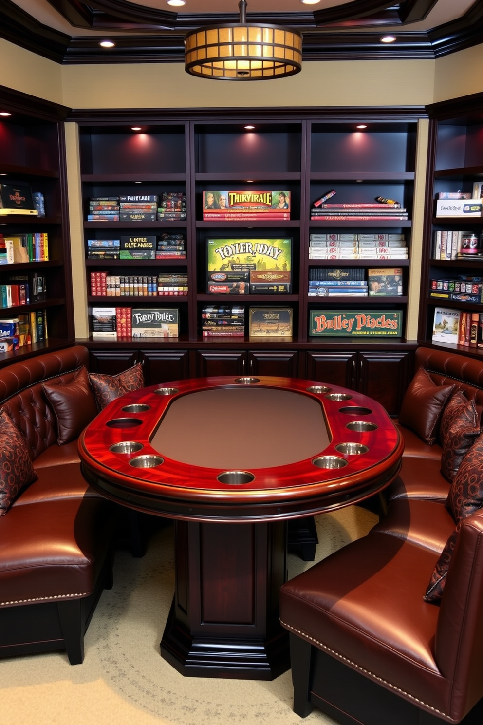 A stylish game table designed for poker and board games. The table features a rich mahogany finish with built-in cup holders and a felt playing surface. The surrounding area is adorned with comfortable leather seating and ambient lighting. Dark wood shelves display an impressive collection of board games and poker chips, creating an inviting atmosphere for friends and family.