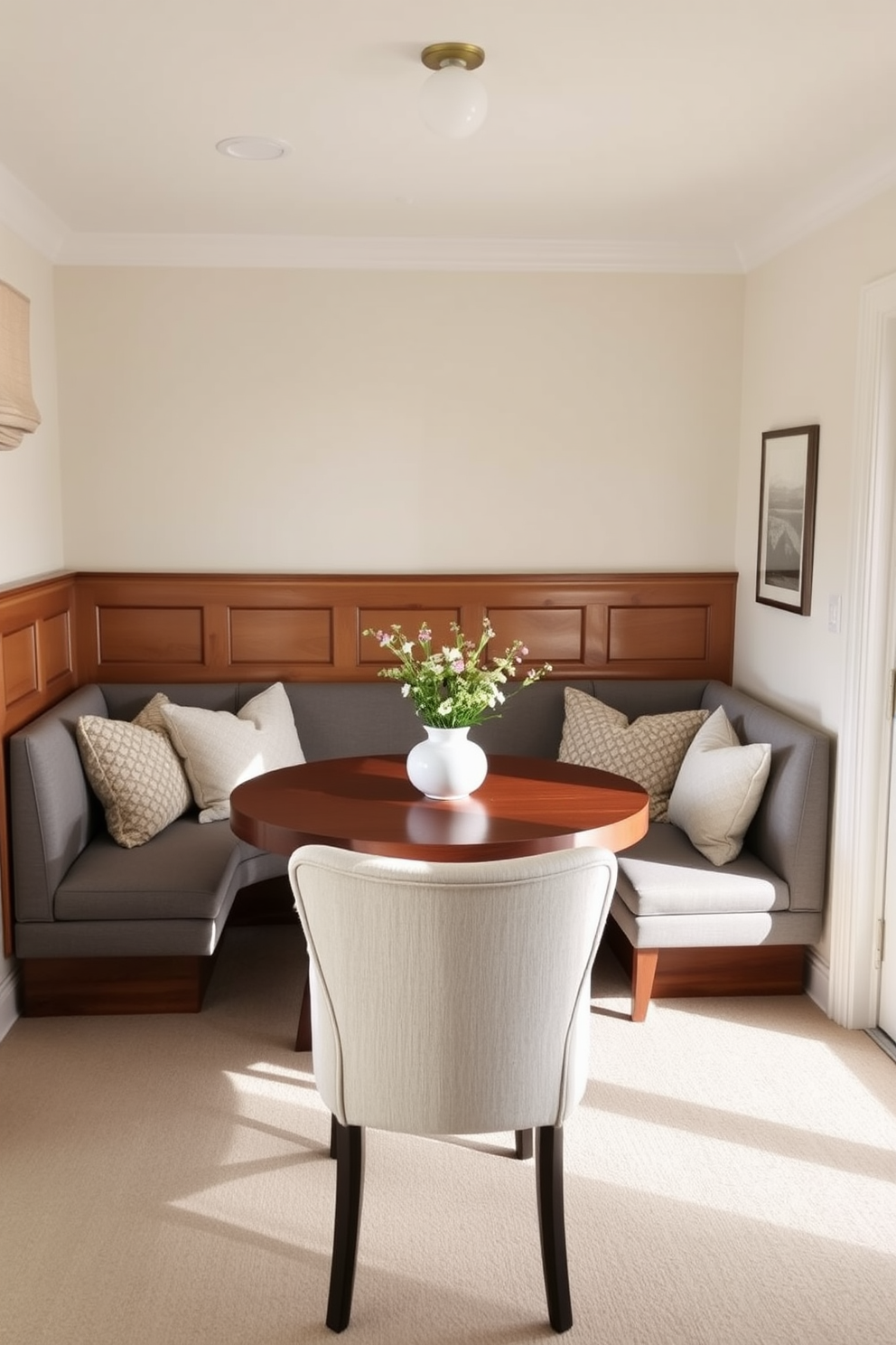 Cozy banquette with plush cushions nestled in a bright corner of the dining room. The space features a round wooden table surrounded by soft, upholstered chairs, creating an inviting atmosphere for meals and gatherings.