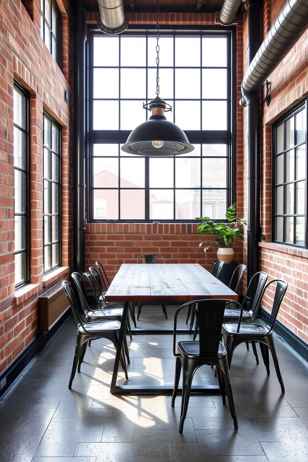 A sleek corner dining room featuring an industrial style with exposed metal beams and pipes. The table is made of reclaimed wood with black metal legs, surrounded by mismatched metal chairs for an eclectic touch. Large windows allow natural light to flood the space, highlighting the raw brick walls. A statement pendant light with an industrial design hangs above the table, creating a warm and inviting atmosphere.