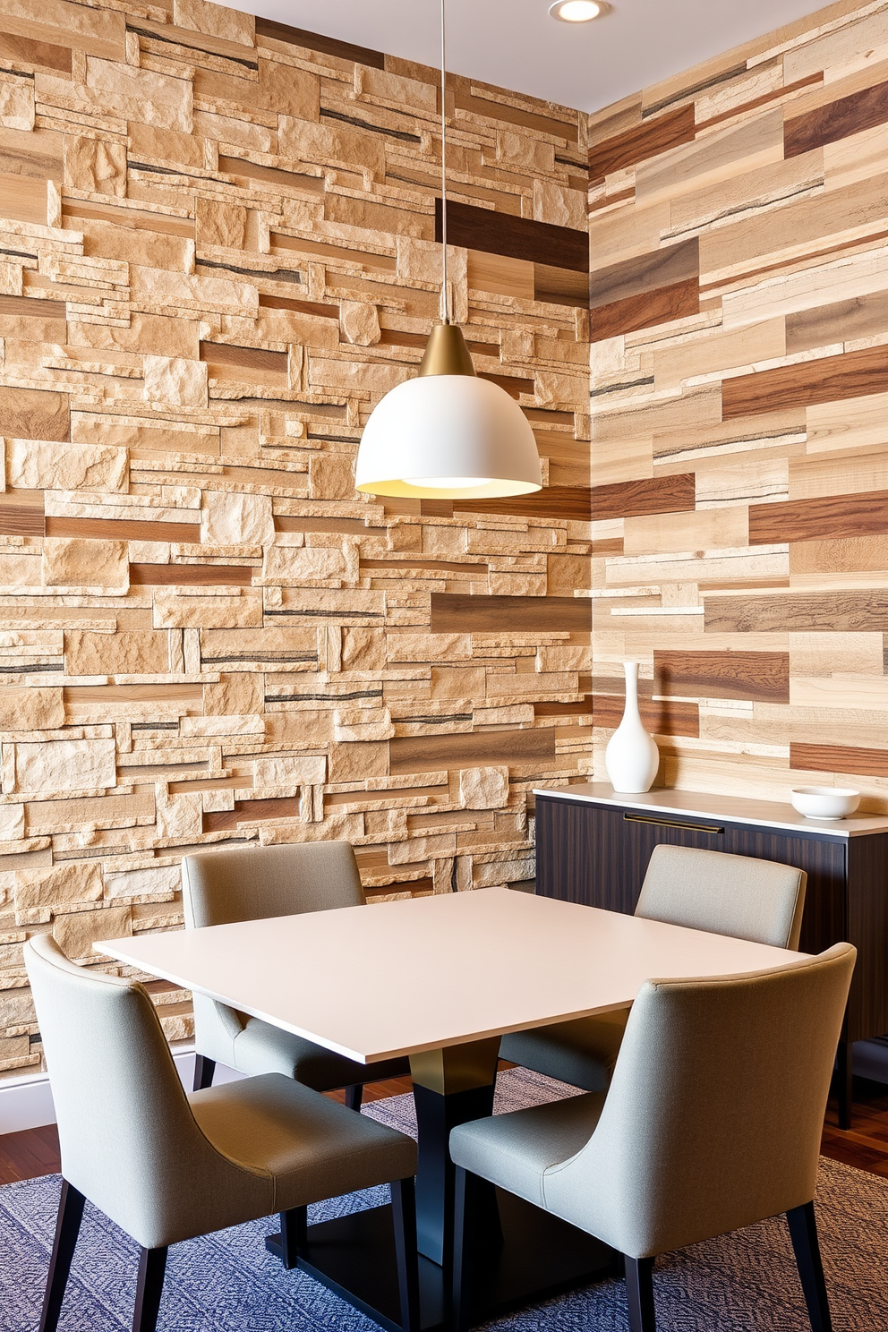 A textured wall featuring a mix of natural stone and wood panels creates a stunning backdrop for the dining area. The dining table is a sleek, modern design with elegant upholstered chairs, perfectly complementing the unique wall treatment. Soft pendant lighting hangs above the table, casting a warm glow on the space. A stylish sideboard against the textured wall adds functionality while enhancing the overall aesthetic of the corner dining room.