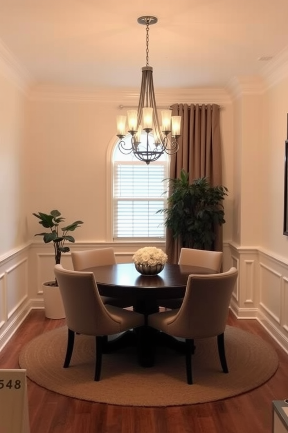 A corner dining room bathed in soft, warm lighting creates an inviting atmosphere for meals and gatherings. The space features a round wooden table surrounded by plush upholstered chairs, with a statement chandelier hanging overhead to enhance the cozy ambiance. The walls are painted in a soft cream color, complemented by elegant wainscoting that adds depth to the design. A large potted plant in the corner brings a touch of nature indoors, while a textured rug under the table adds warmth and comfort to the dining area.