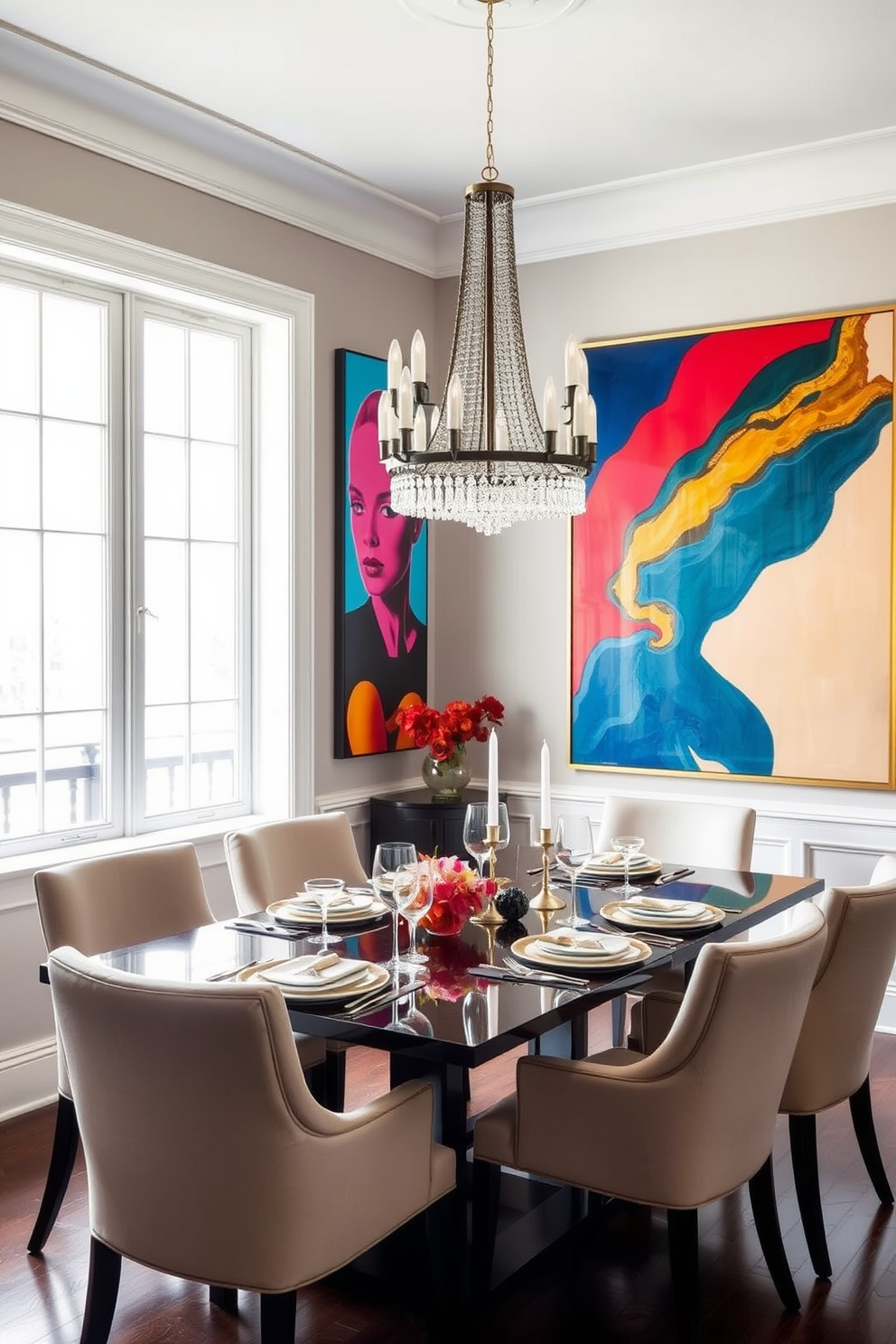 A corner dining room featuring bold artwork on the walls that captures attention and enhances the overall ambiance. The dining table is set with elegant tableware, surrounded by stylish chairs that complement the artwork's colors. Large windows allow natural light to flood the space, illuminating the vibrant hues in the artwork. A statement chandelier hangs above the table, adding a touch of sophistication and warmth to the corner dining area.