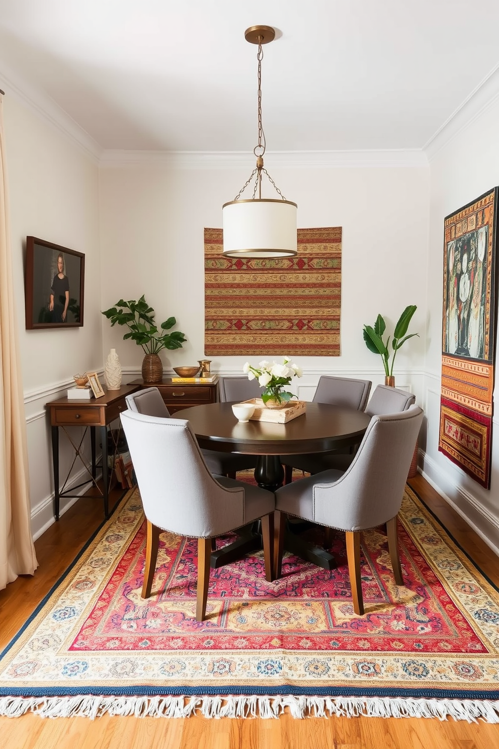 A cozy corner dining room featuring layered rugs that add warmth and texture to the space. The dining table is surrounded by upholstered chairs, and a stylish pendant light hangs above, creating an inviting atmosphere.