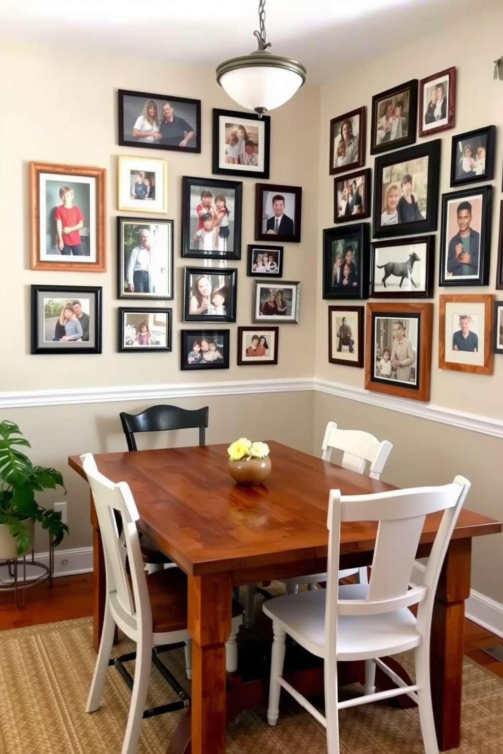 A cozy corner dining room features a gallery wall adorned with framed family photos in various sizes and styles. The dining table is a rustic wooden piece surrounded by mismatched chairs, creating an inviting and personal atmosphere.