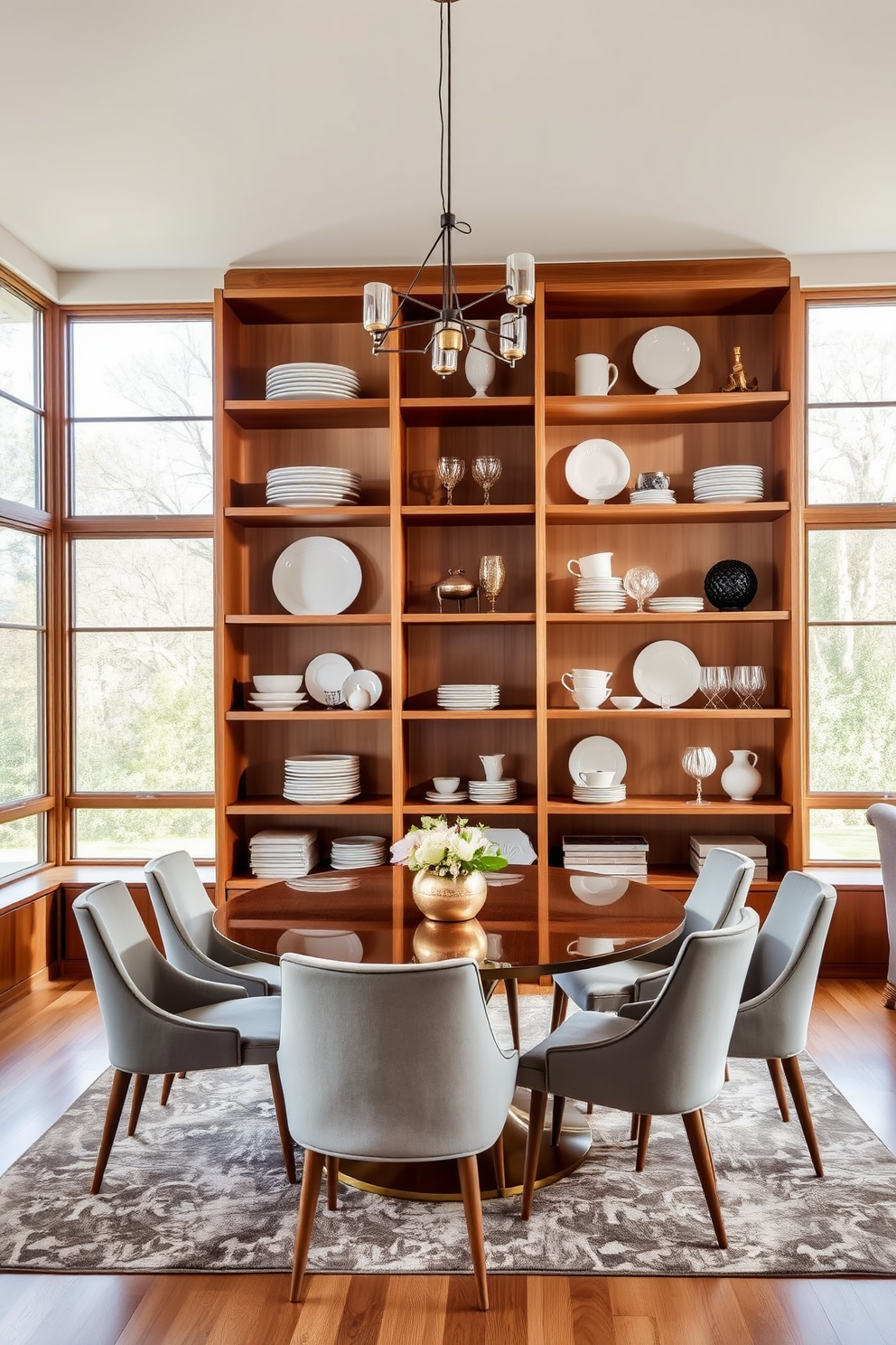 Open shelving units are strategically placed against the wall, showcasing an array of elegant dishware and decorative items. The dining table is set in the center, surrounded by stylish chairs that complement the overall aesthetic. Natural light floods the space through large windows, highlighting the warm wood tones of the shelves and furniture. A contemporary light fixture hangs above the table, adding a touch of sophistication to the inviting dining area.