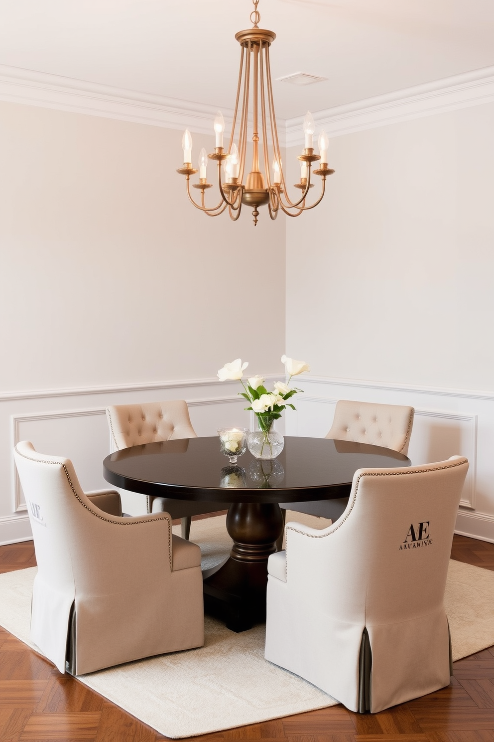 A round table is elegantly set in the corner of a dining room, surrounded by stylish upholstered chairs that enhance the overall aesthetic. The walls are painted in a soft neutral tone, and a statement chandelier hangs above the table, providing warm ambient lighting.